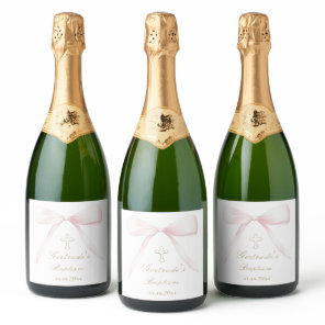 Baptism pink bow baby girl  sparkling wine label