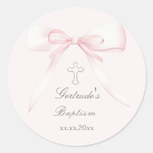 Baptism pink bow classic round sticker