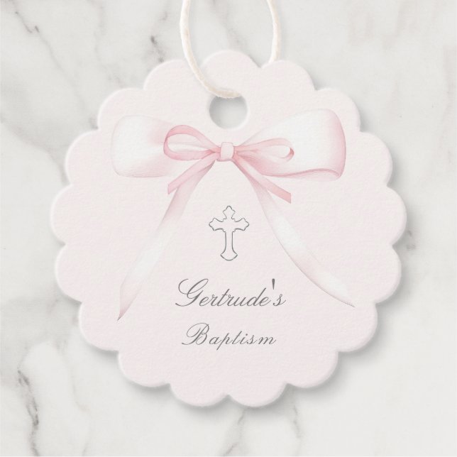 Baptism pink bow  favor tags (Front)