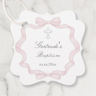 Baptism pink bow frame favor tags