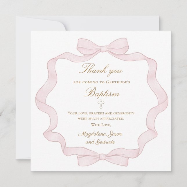 Baptism pink bow frame thank you card (Front)