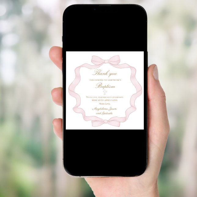 Baptism pink bow frame thank you mini  card (Front Digital)