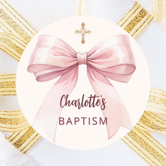 Baptism pink bow girl cross ivory classic round sticker (Creator Uploaded)