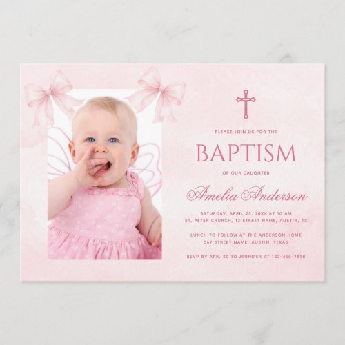 Baptism Pink Bow Girl Photo Watercolor Christening Invitation