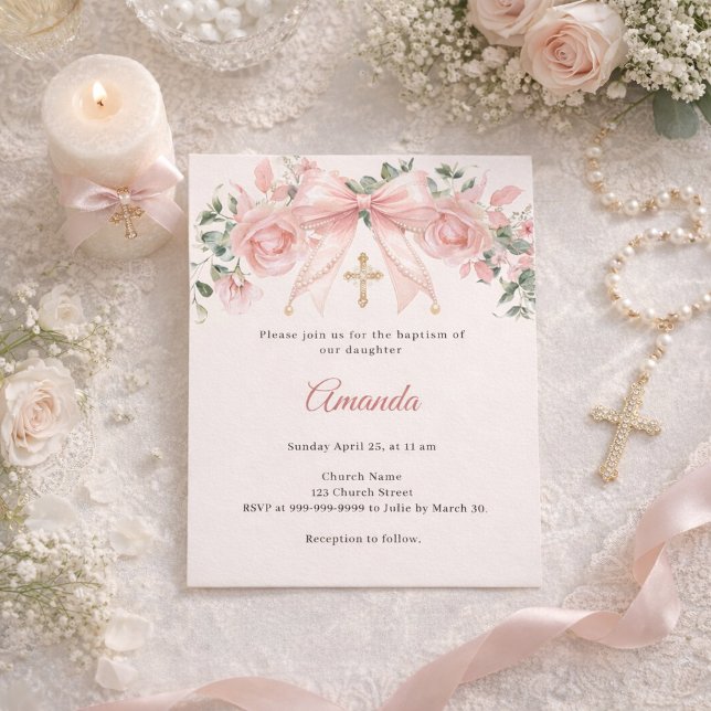 Baptism Pink Bow Ivory Florals Cross Invitation (Creator Uploaded)
