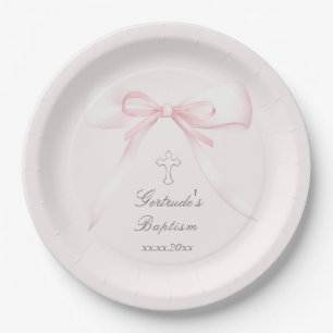 Baptism pink bow paper plates