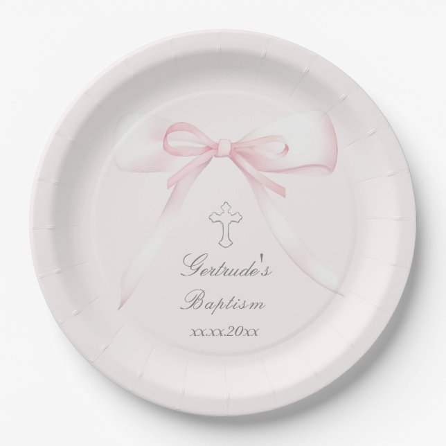 Baptism pink bow paper plates (Front)