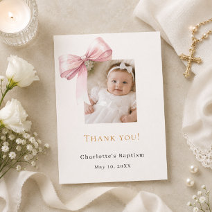 Baptism pink bow photo cream girl thank you card