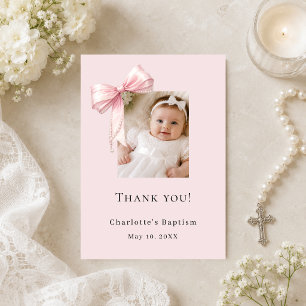 Baptism pink bow photo girl thank you card