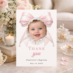 Baptism pink bow photo ivory pearls girl thank you card