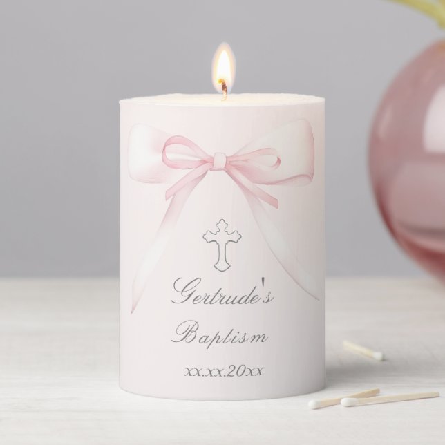 Baptism pink bow  pillar candle (In Situ)