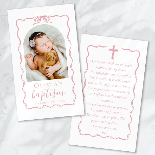 Baptism Pink Bow Ribbon Photo Keepsake Prayer Card (Creator Uploaded)