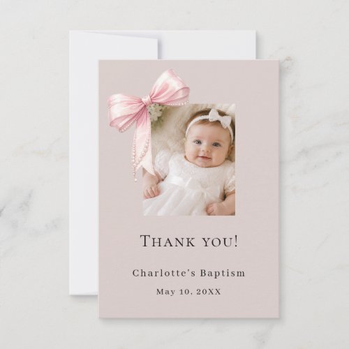 Baptism pink bow taupe photo girl thank you card