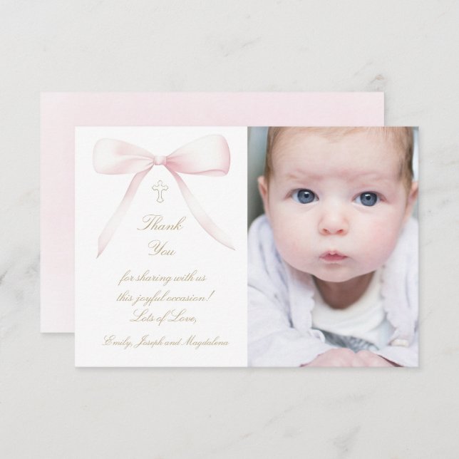Baptism pink bow thank you card (Front/Back)