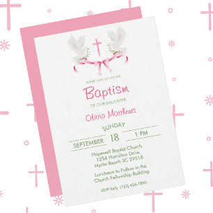 Baptism Pink Cross Doves Girls Invitation