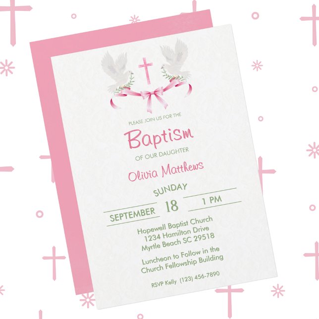  Baptism Pink Cross Doves Girls Invitation (Creator Uploaded)