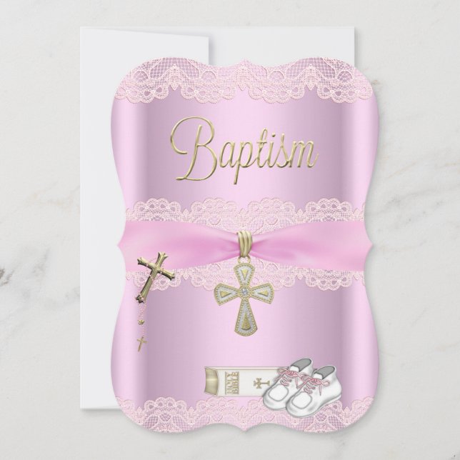 Baptism Pink Cross Girl Lace Christening 2 Invitation (Front)