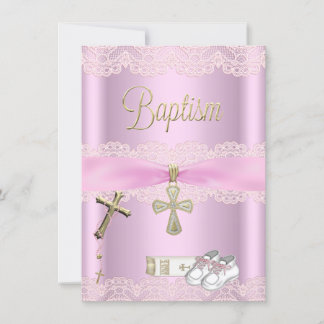 Baptism Pink Cross Girl Lace Christening Invitation