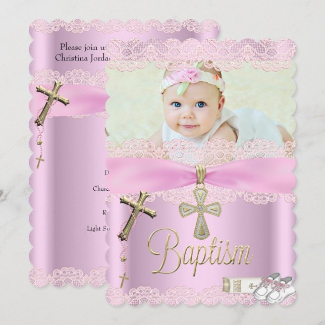 Baptism Pink Cross Girl Lace Christening Invitation (Front/Back)