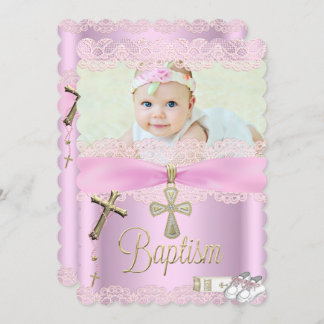 Baptism Pink Cross Girl Lace Christening Invitation