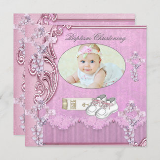 Baptism Pink Cross Girl Photo christening 2 Invitation