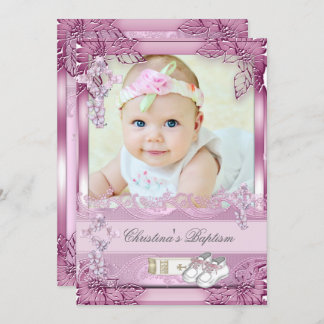 Baptism Pink Cross Girl Photo christening Floral Invitation