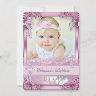 Baptism Pink Cross Girl Photo christening Floral Invitation