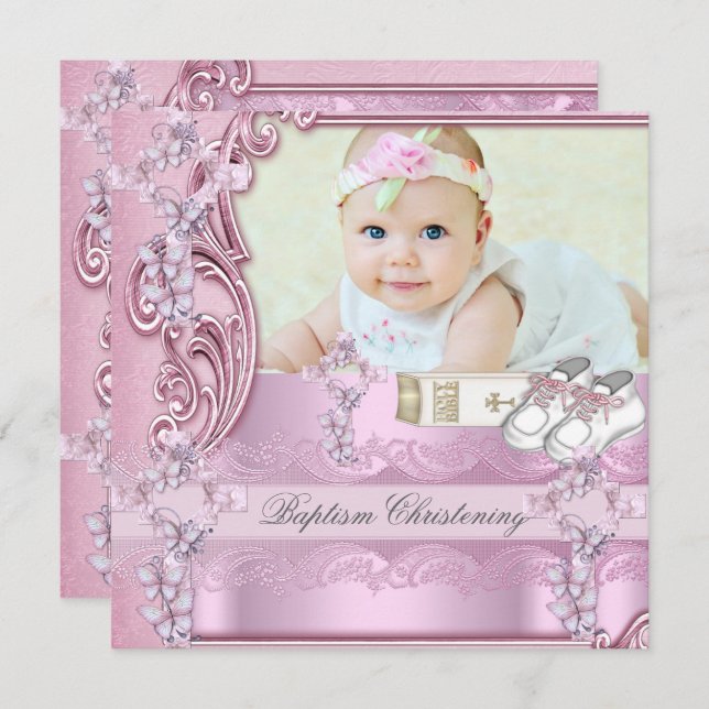 Baptism Pink Cross Girl Photo christening Invitation (Front/Back)