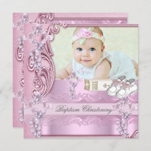 Baptism Pink Cross Girl Photo christening Invitation