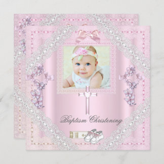 Baptism Pink Cross Girl Photo christening Lace 2 Invitation