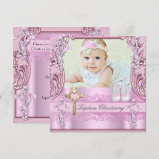 Baptism Pink Cross Girl Photo Christening Shoes Invitation