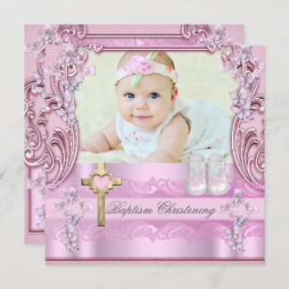 Baptism Pink Cross Girl Photo Christening Shoes Invitation