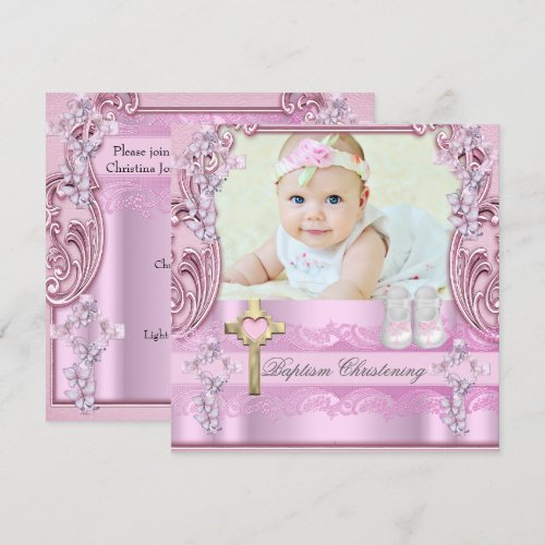 Baptism Pink Cross Girl Photo Christening Shoes Custom Invitation