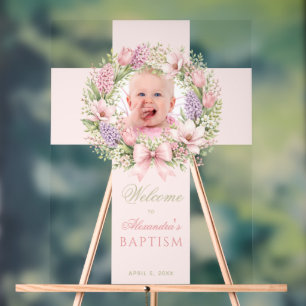 Baptism Pink Cross Girl Photo Floral Wreath Spring Acrylic Sign