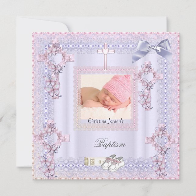 Baptism Pink Cross Girl Photo Lavender Lace 2 Invitation (Front)