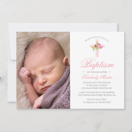 Baptism Pink Cross with Roses Floral Photo Invitation