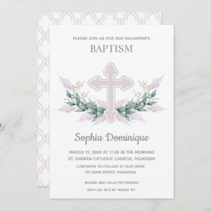Baptism Pink Cross & Wreath Invitations
