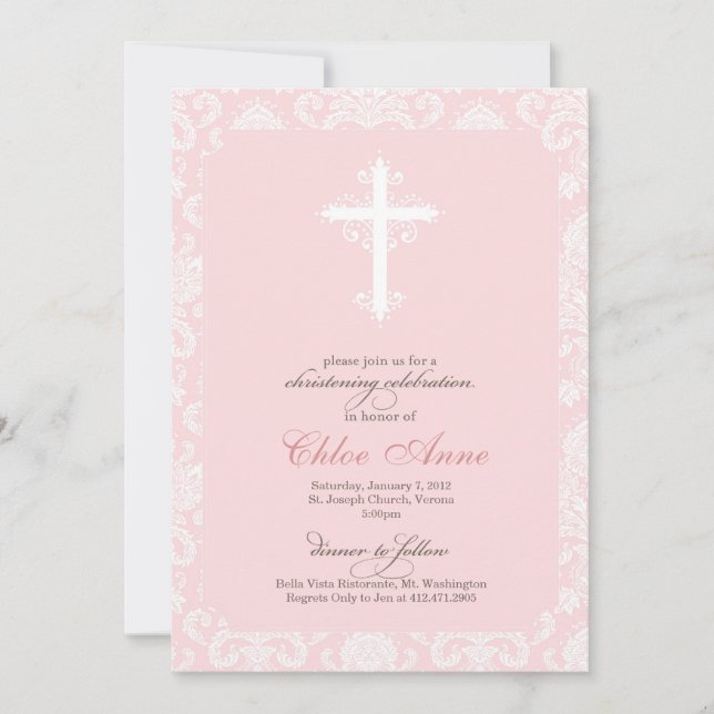 Baptism - Pink Damask Invitation (Front)