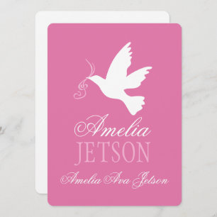Baptism pink dove announcement invitation card