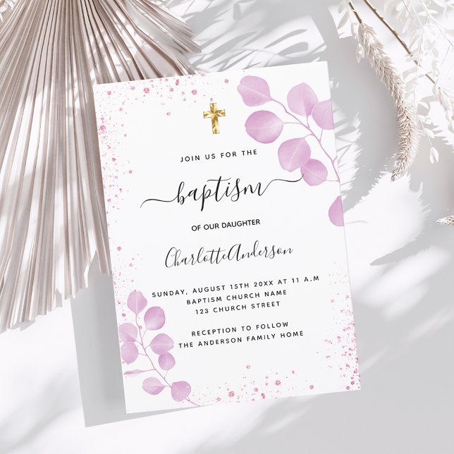 Baptism pink eucalyptus glitter invitation (Creator Uploaded)