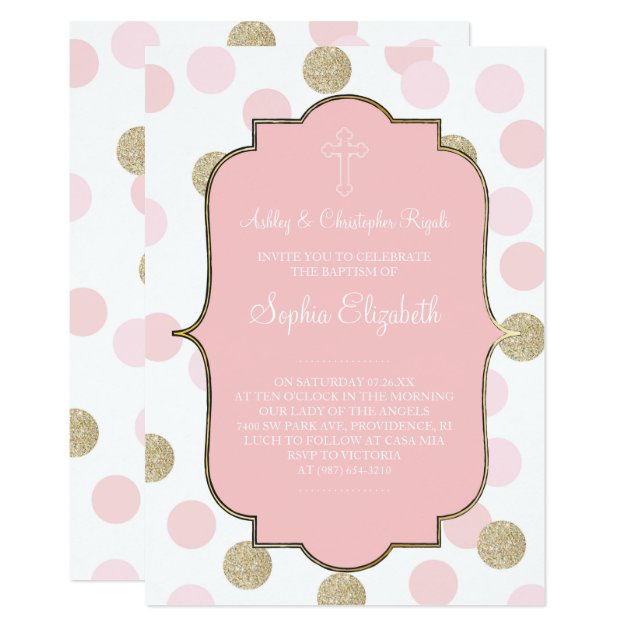Baptism Pink Faux Gold Glitter Polka Dot Invite
