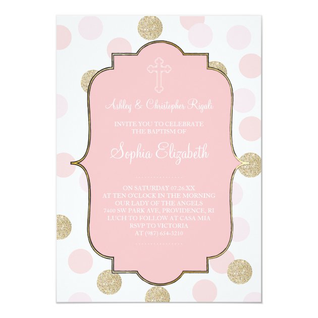 Baptism Pink Faux Gold Glitter Polka Dot Invite