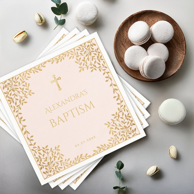 Baptism Pink Faux Gold Leaves Girl Christening Napkins (Creator Uploaded)