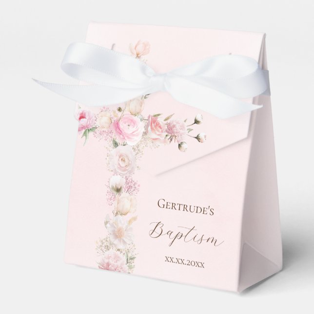 Baptism pink floral cross favor box (Front Side)