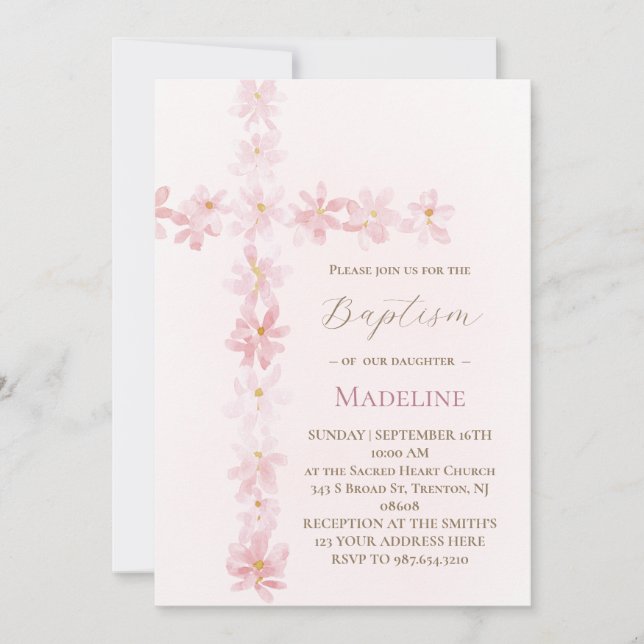 Baptism pink floral cross  invitation (Front)