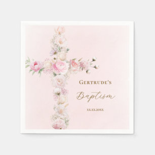 Baptism pink floral cross napkins