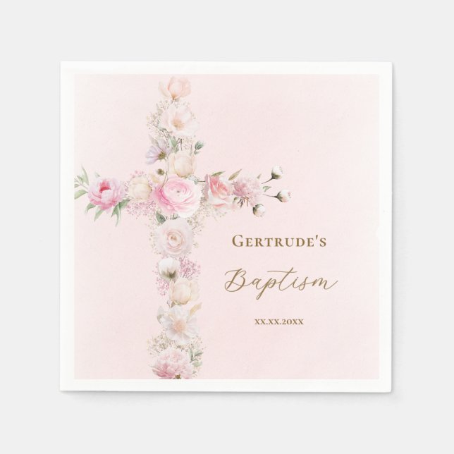 Baptism pink floral cross  napkins (Front)