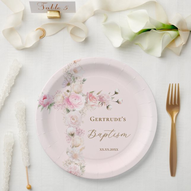 Baptism pink floral cross  paper plates (Wedding)