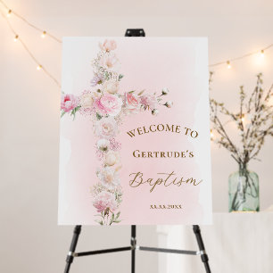Baptism pink floral cross welcome sign
