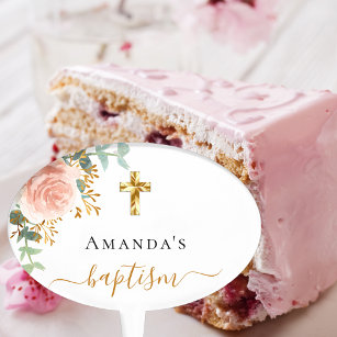 Baptism pink floral eucalyptus girl rose gold cake topper
